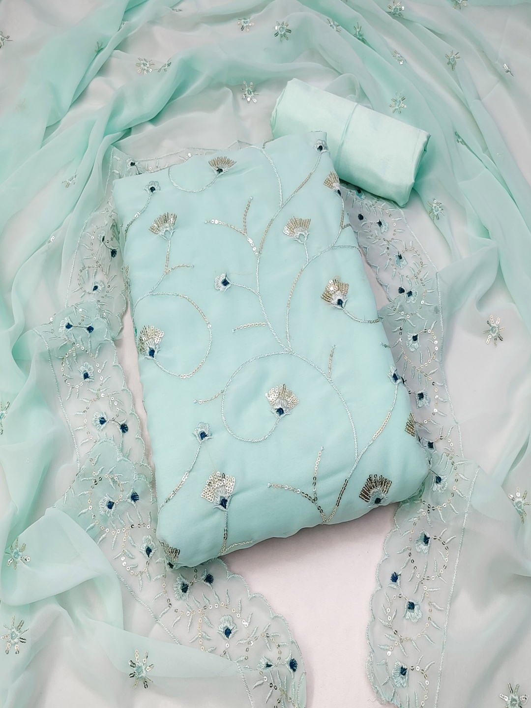 

Maroosh Floral Embellished Unstitched Dress Material, Sea green