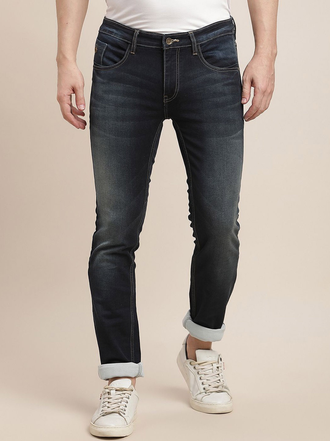 

Turtle Men Cotton Classic Tapered Fit Light Fade Stretchable Jeans, Navy blue