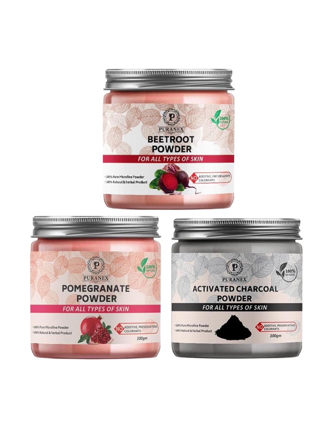 

Puranex Set Of 3 Beetroot Powder, Pomegranate Powder & Charcoal Face Pack Powder-100g Each, White