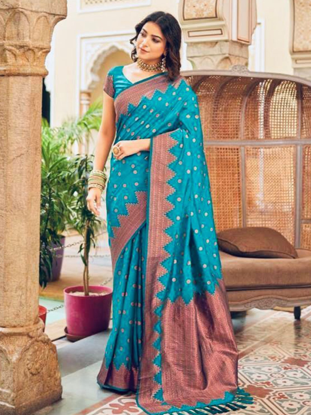 

Fashion Booms Ethnic Motifs Zari Pure Silk Banarasi Saree, Teal