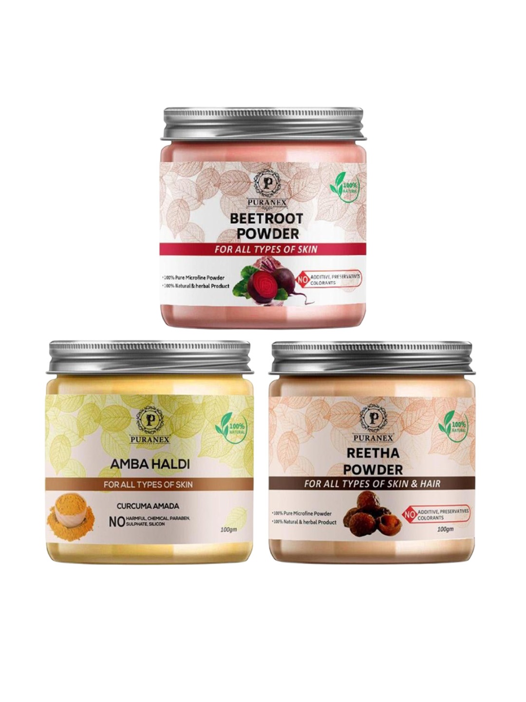 

Puranex Set Of 3 Beetroot, Amba Haldi & Reetha Skin & Hair Powder-100 g Each, White