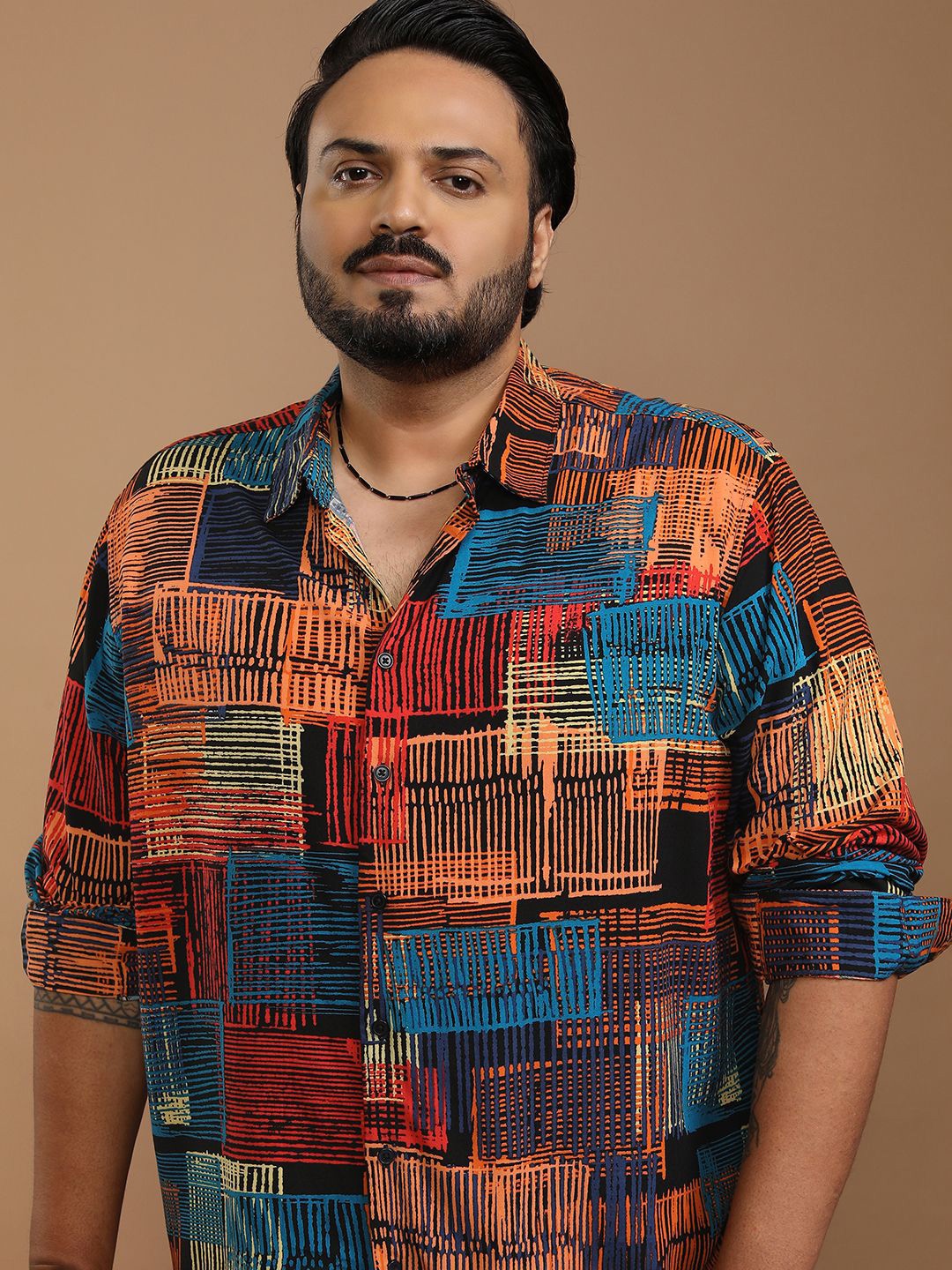 

HIGHLANDER Men Abstract Printed Plus size Casual Shirt, Orange