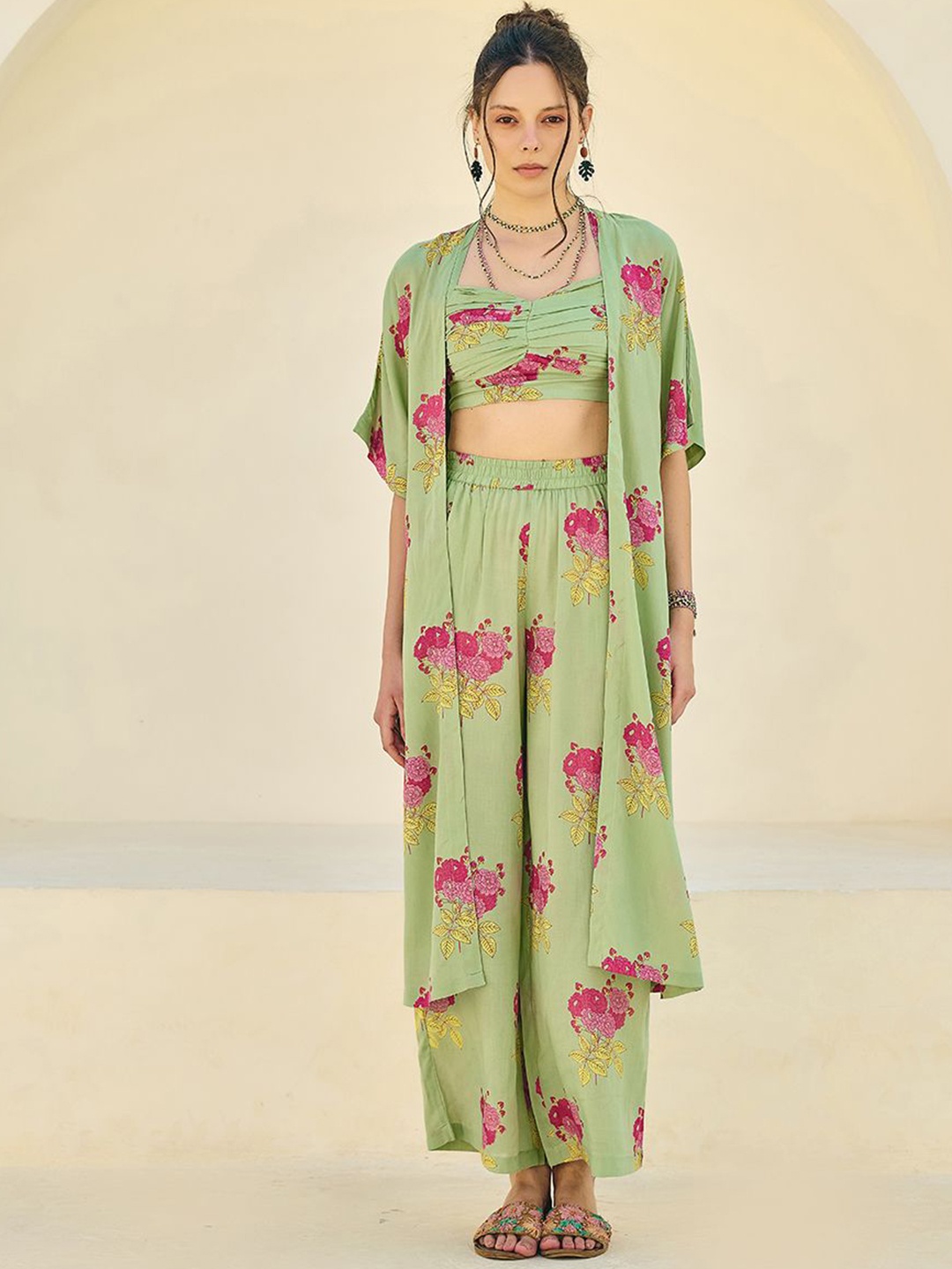 

Midsummer Printed Shoulder Straps Top with Trouser and Shrug, Green