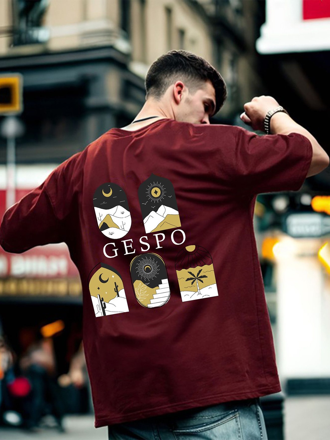 

GESPO Men Graphic Printed Round Neck Pure Cotton Oversized T-shirt, Maroon