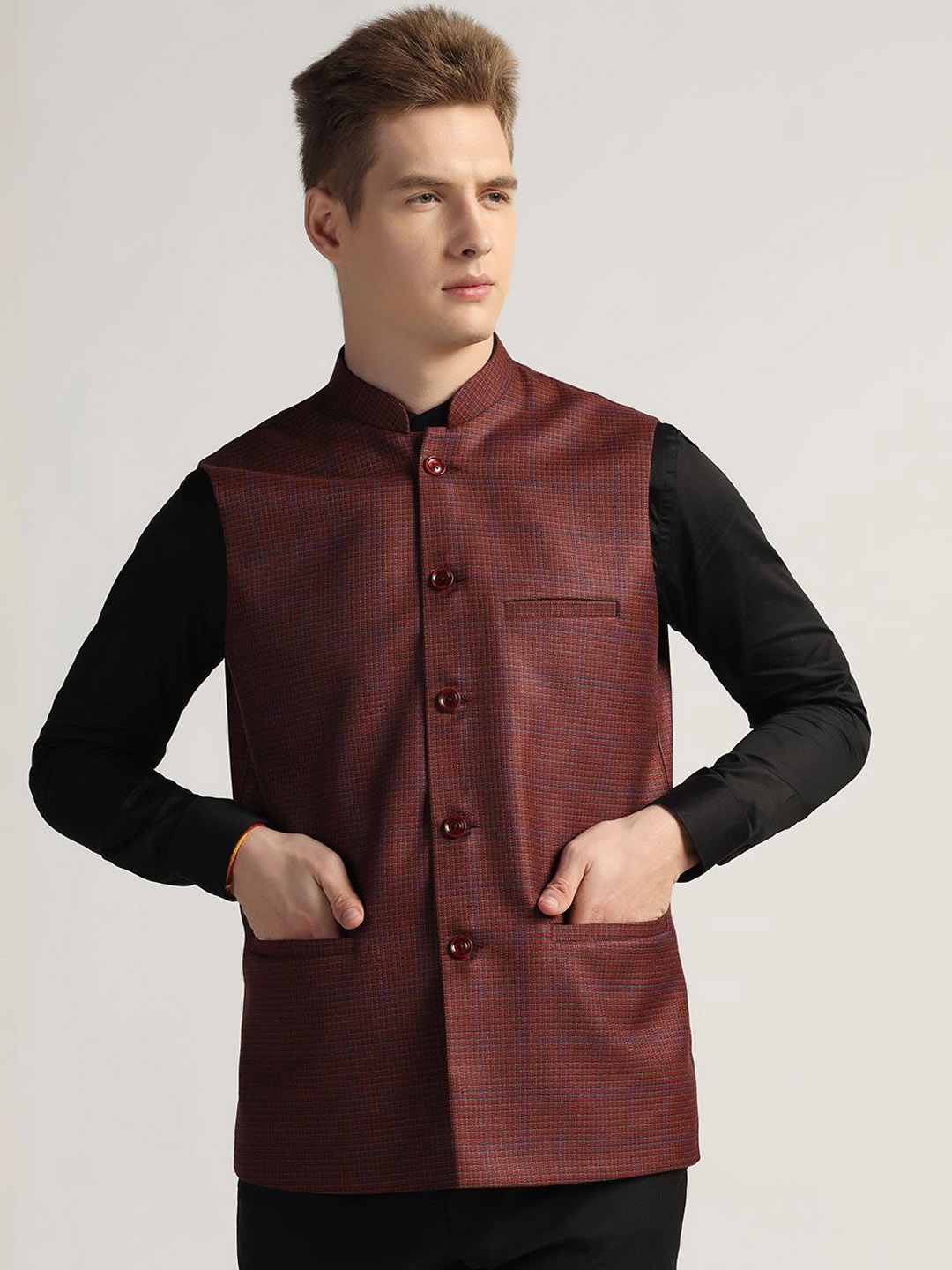 

TAHVO Checked Woven Design Mandarin Collar Tweed Casual Nehru Jacket, Maroon