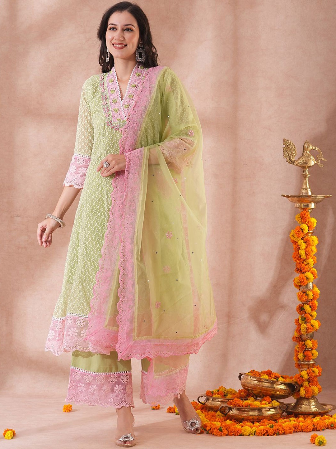 

FASHOR Ethnic Motifs Embroidered Beads and Stones Georgette Kurta With Palazzo & Dupatta, Green