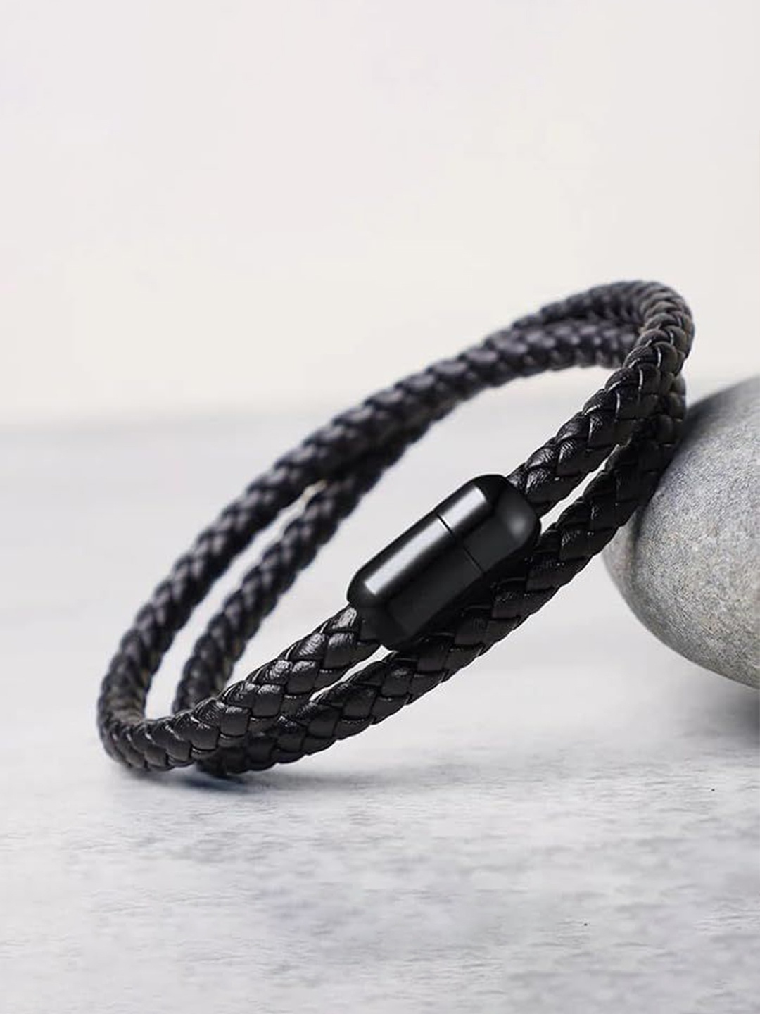 

THE MEN THING Men Genuine Braided Leather Charm Bracelet, Black