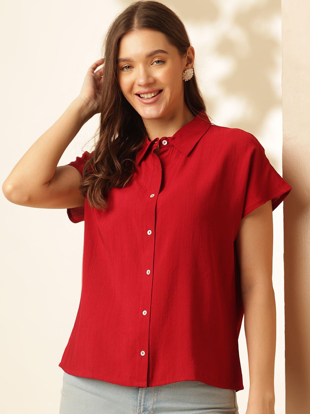 

Anouk Women Relaxed Solid Cherry Red Casual Shirt