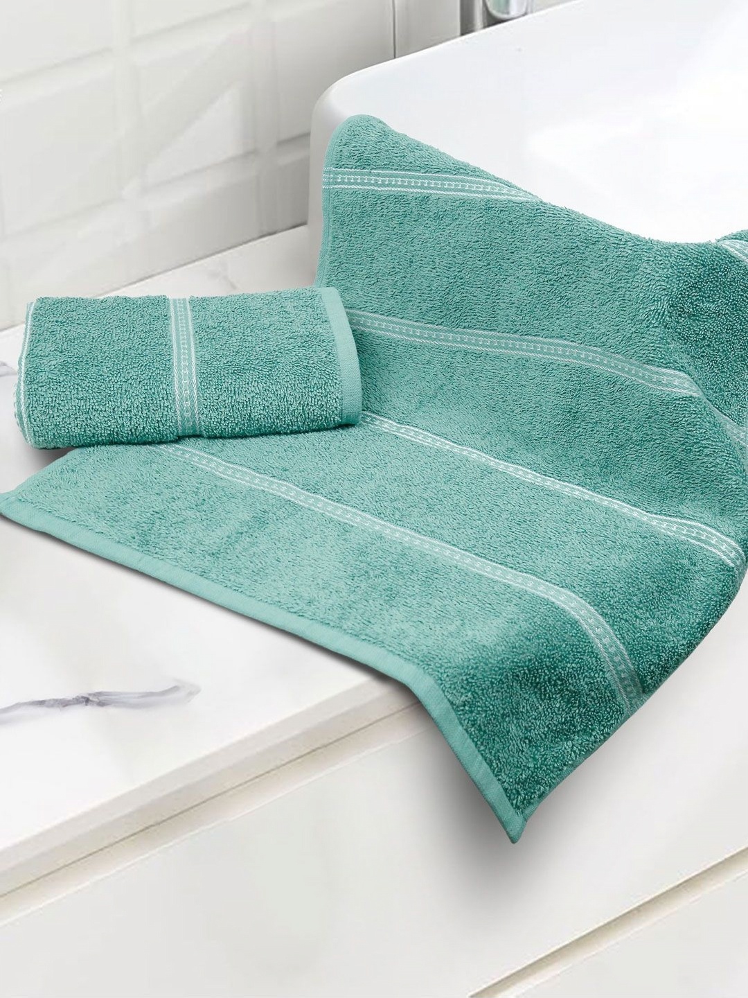 

MYTRIDENT Green & White 2 Pieces Striped 450 GSM Pure Cotton Hand Towels