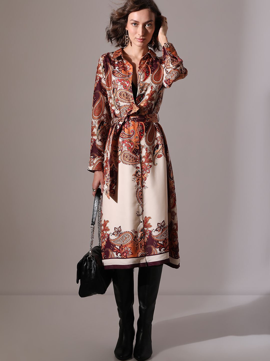 

Vero Moda Women Ethnic Motifs Print Shirt Midi Dress With Belt, Brown