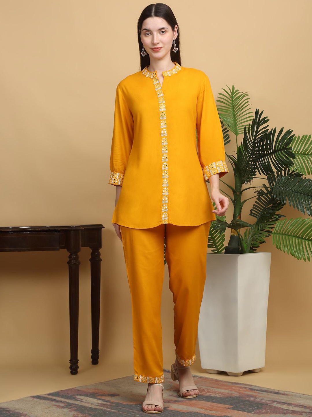 

KALINI Embroidered Mandarin Collar Top With Trousers, Yellow