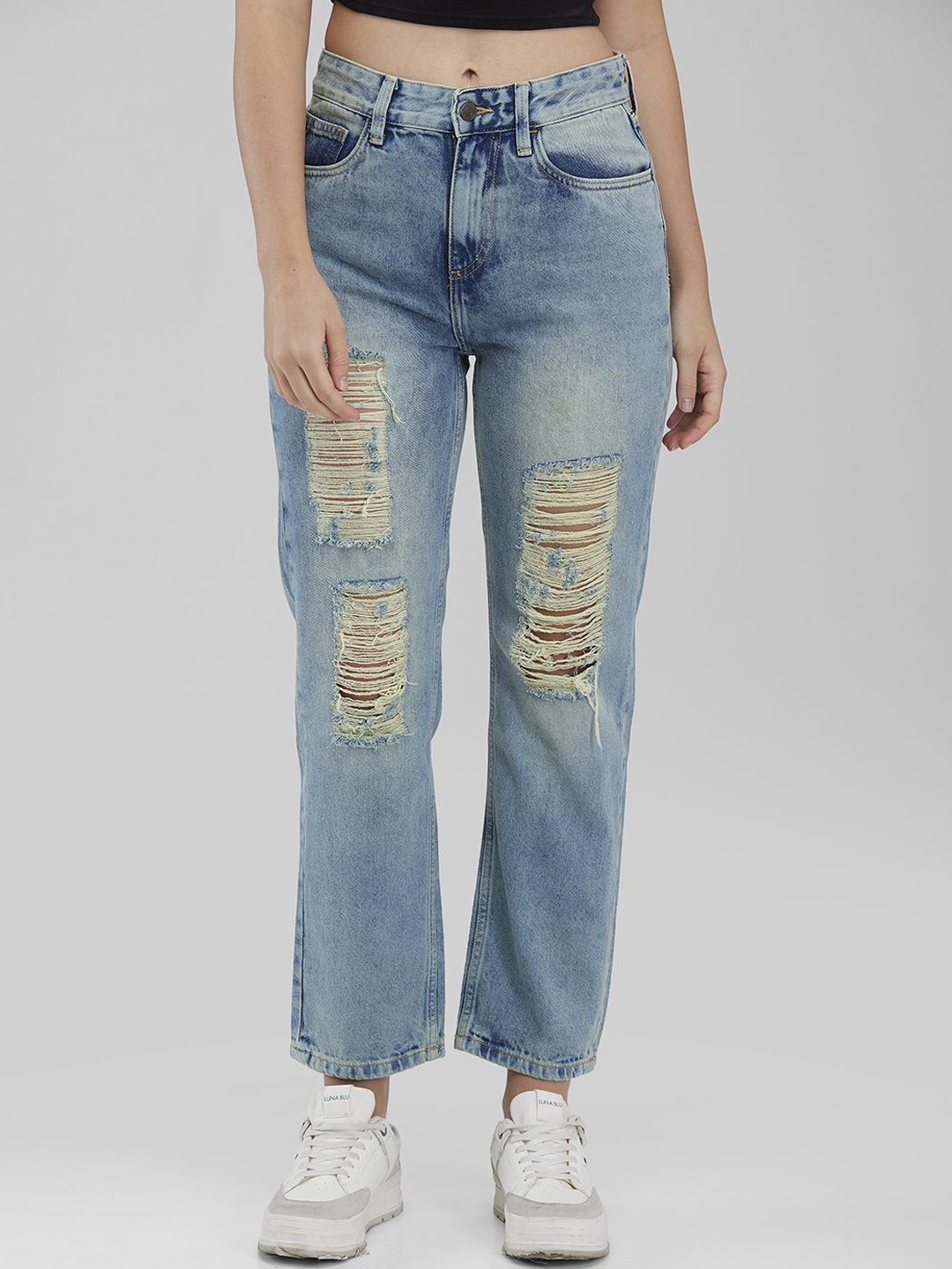 

IZEL Women Straight Fit Highly Distressed Light Fade Jeans, Grey
