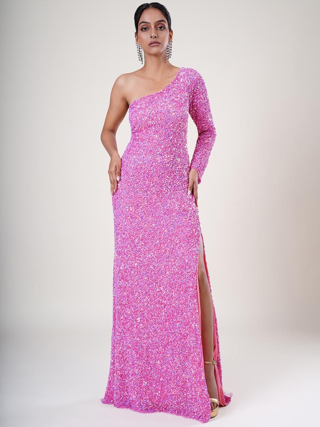 

UPGRADE Embellished One Shoulder Net Maxi Dress, Pink