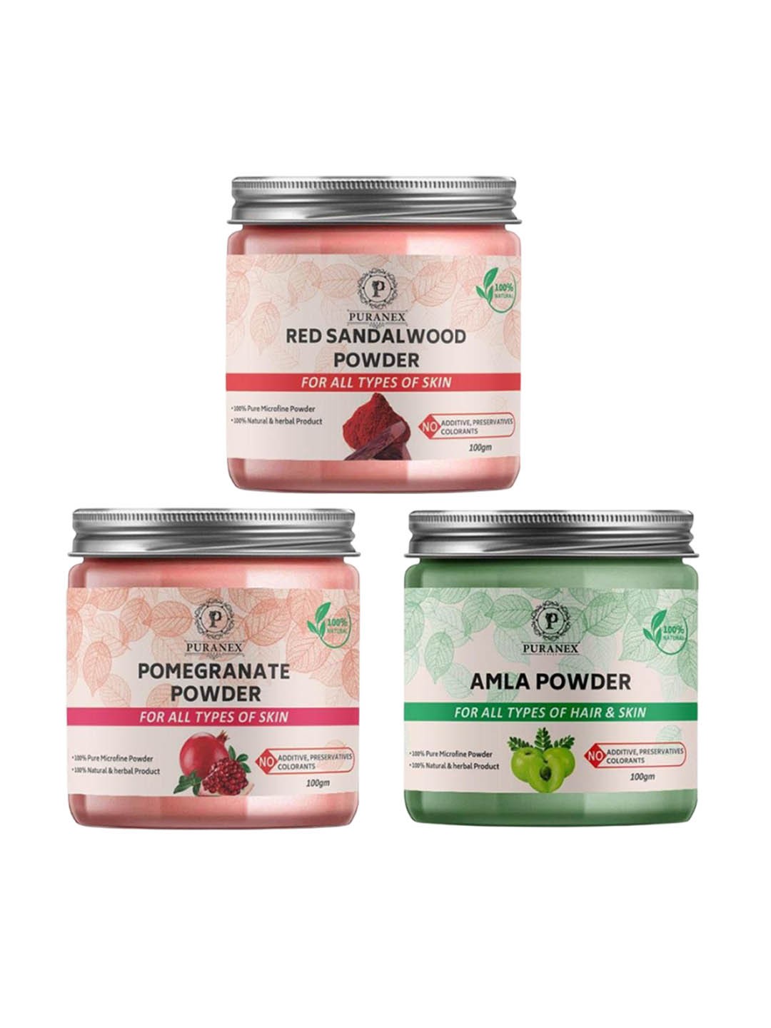 

Puranex Set Of 3 Red Sandalwood, Pomegranate & Amla Hair & Skin Powder -100 g Each, White