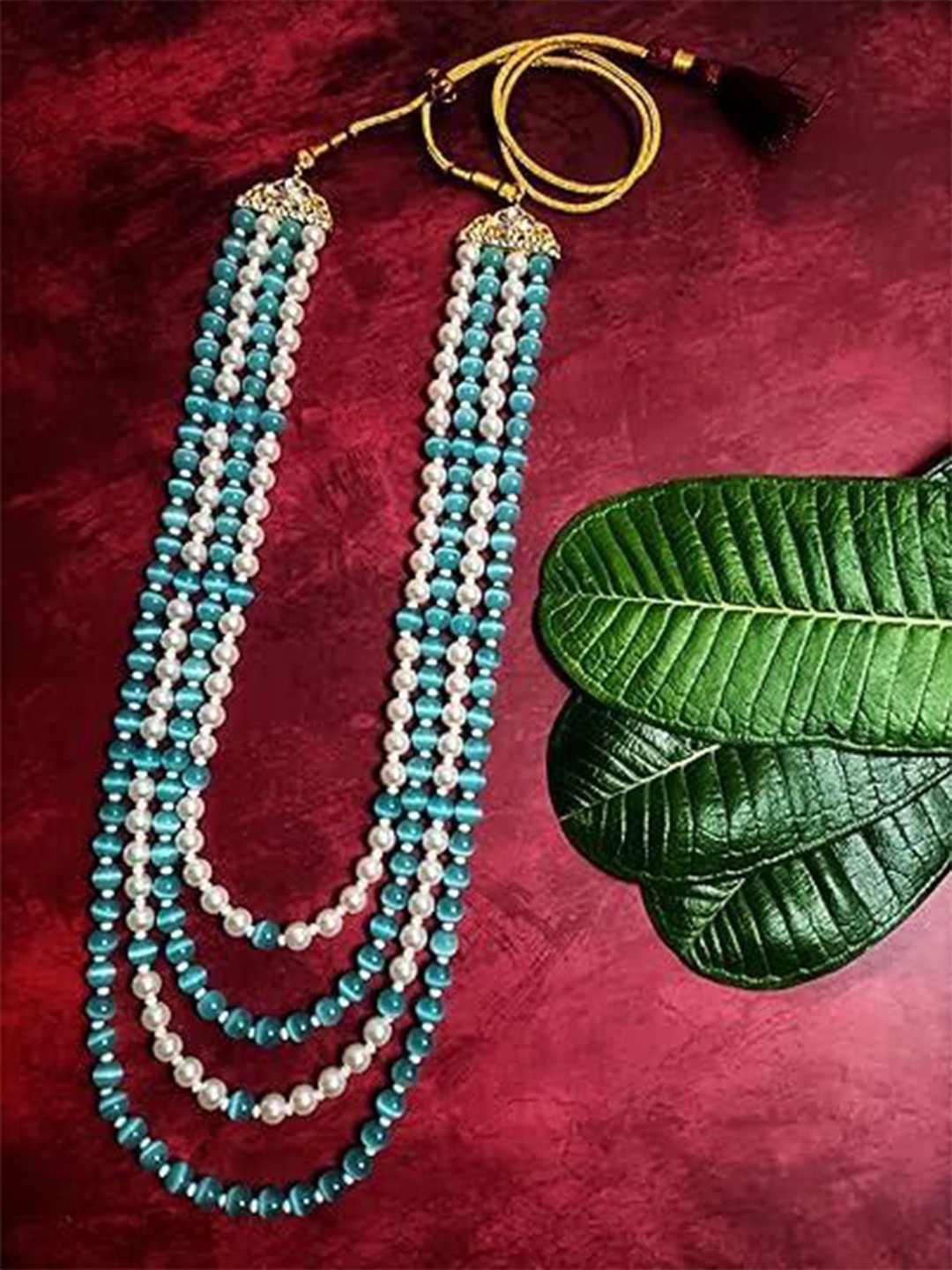 

Radhe Creation Men Gold-Plated Kundan Necklace, Sea green