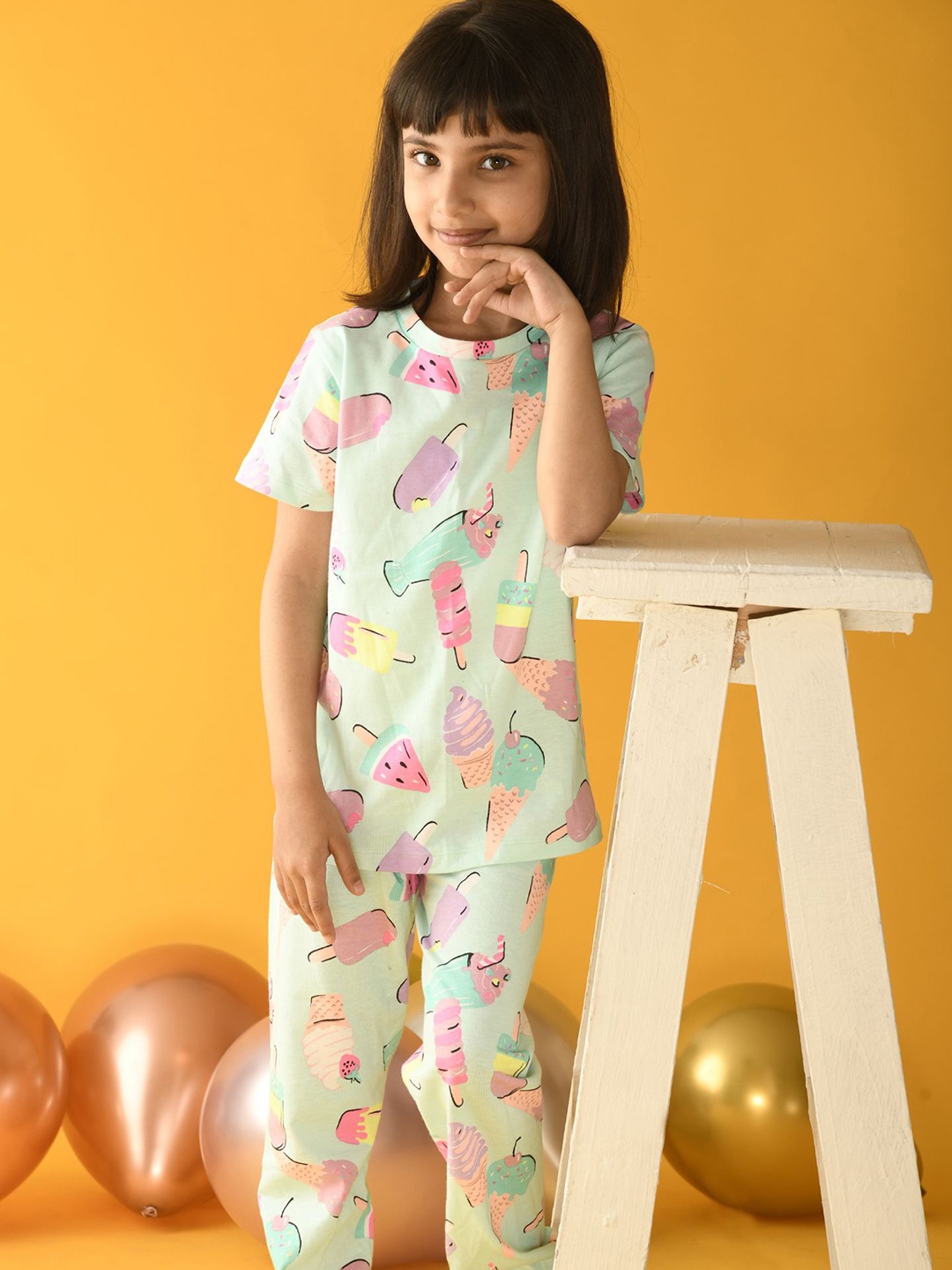 

Anthrilo Girls Printed Night suit, Sea green