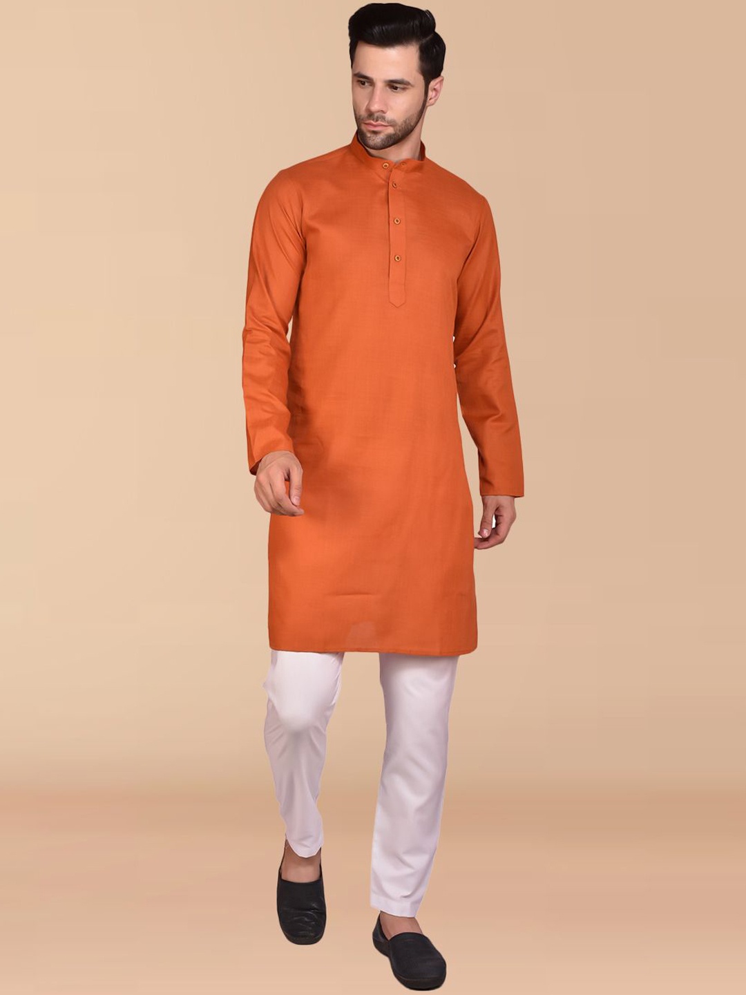 

PRINTINDIA Mandarin Collar Pure Cotton Straight Kurta With Trouser, Orange
