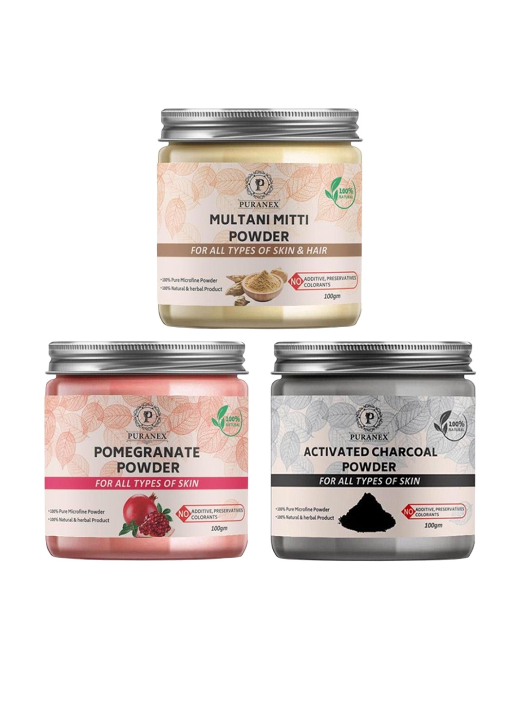 

Puranex Set Of 3 Multani Mitti, Pomegranate & Charcoal Skin & Hair Powder-100 g Each, White