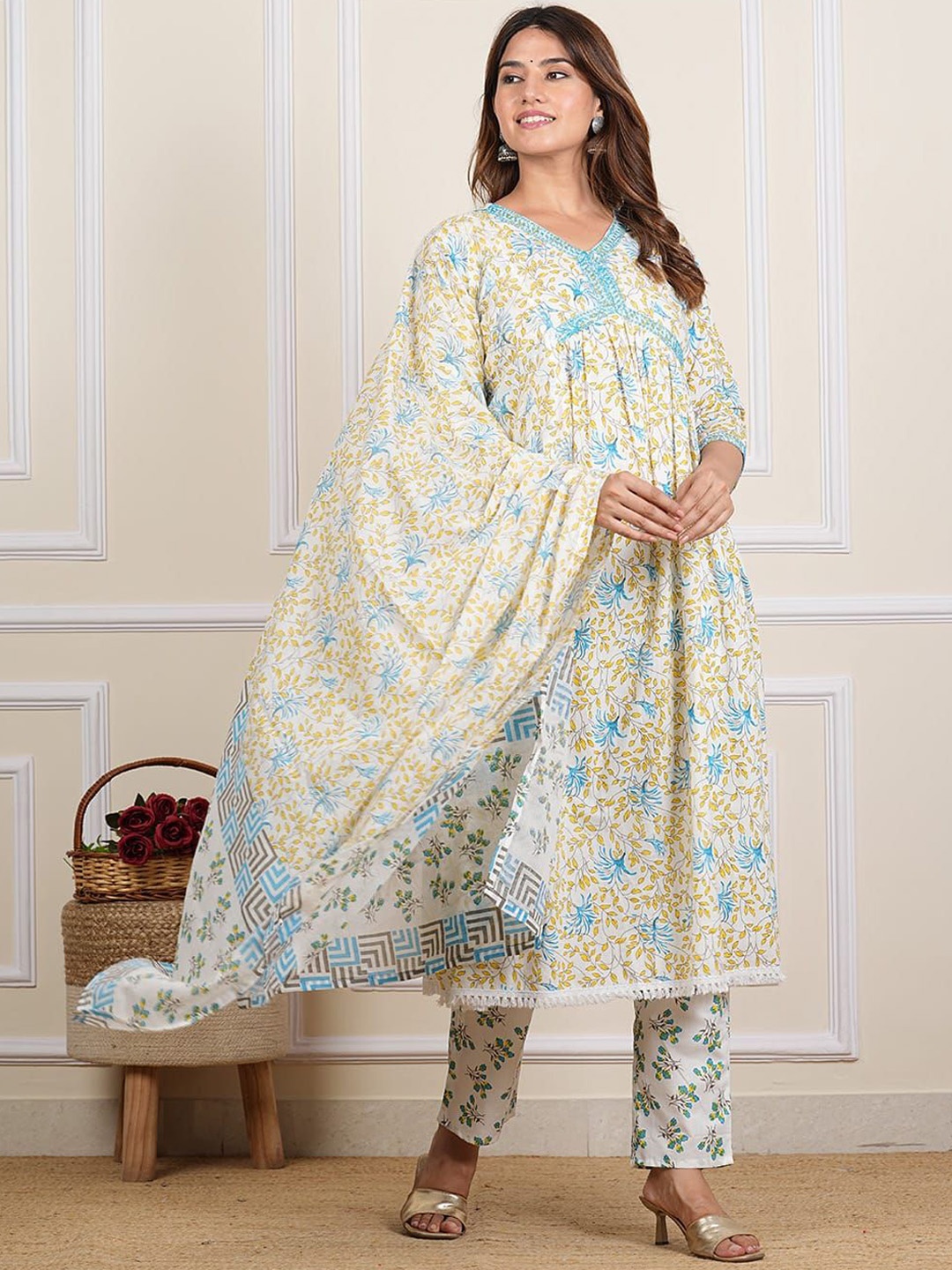 

Radhika Fashion Floral Printed Thread Work Pure Cotton Kurta & Trouser & Dupatta, Yellow