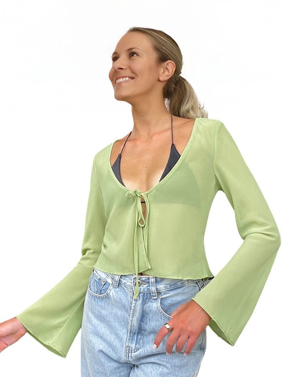 

StyleCast Women Tie-Up Neck Bell Sleeve Top, Green