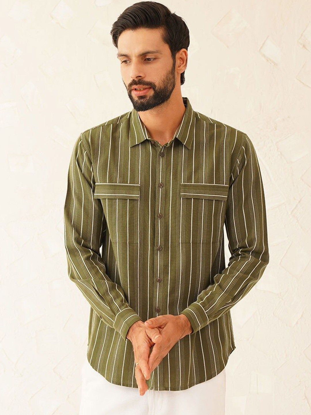 

JAYPORE Men Standard Opaque Striped Spread Collar Cotton Casual Shirt, Green