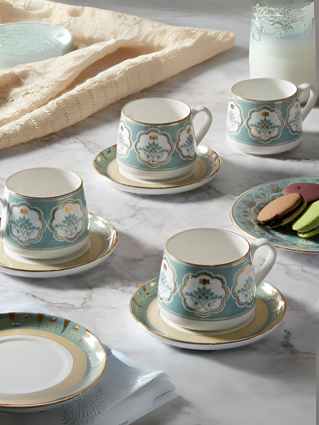 

India Circus White & Blue 8 Pieces Printed Ceramic Glossy Cups 280ml