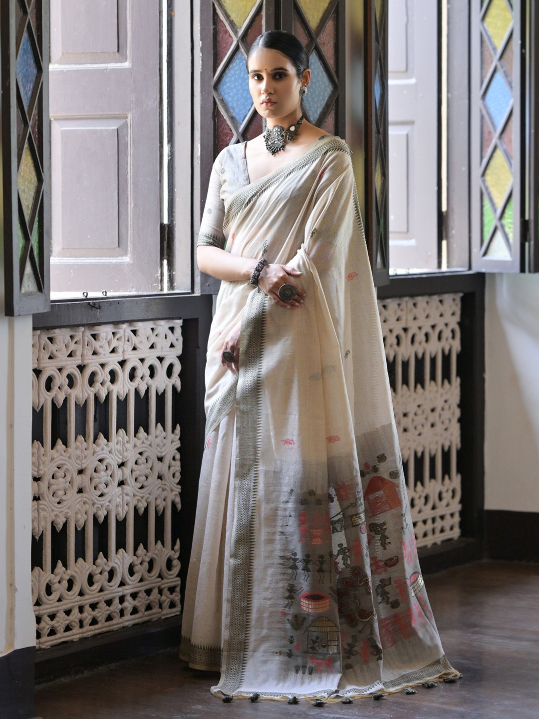

Kandora Woven Design Pure Silk Muga Saree, Grey