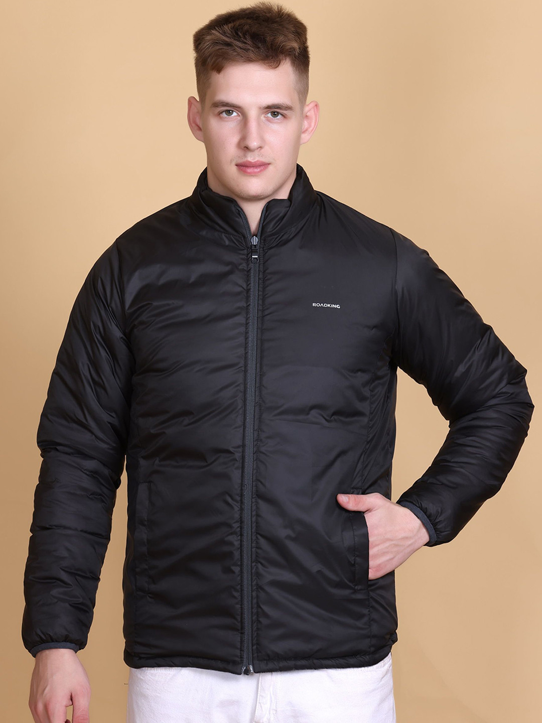 

Roadking Men Mock Collar Solid Cotton Casual Padded Jacket, Charcoal
