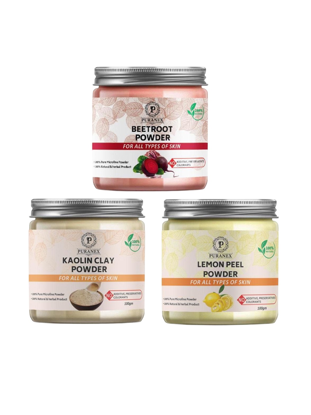 

Puranex Set Of 3 Natural Lemon Peel - Beetroot & Pure Kaolin Clay Powder - 100 g Each, White