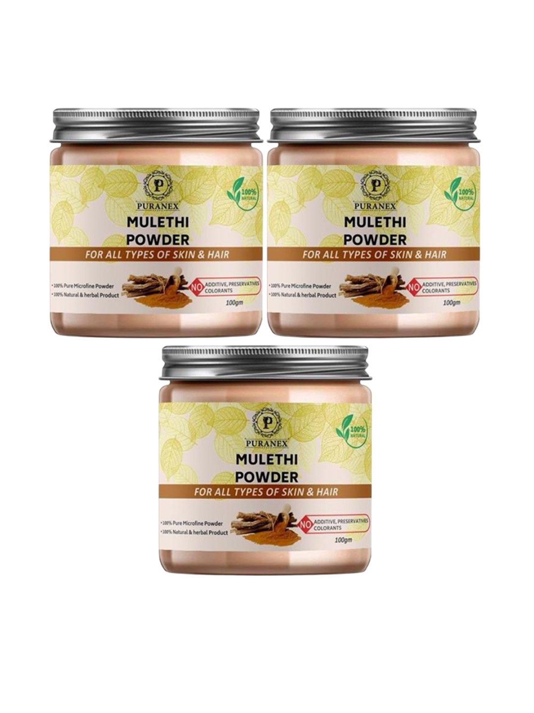 

Puranex Set Of 3 Natural Mulethi Hair & Skin Powder -100 g Each, White
