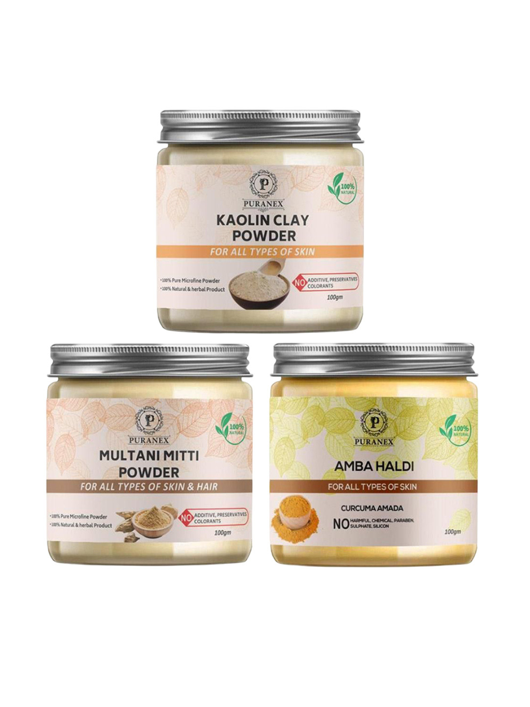 

Puranex Set Of 3 Kaolin Clay, Multani Mitti & Amba Haldi Skin & Hair Powder-100 g Each, White