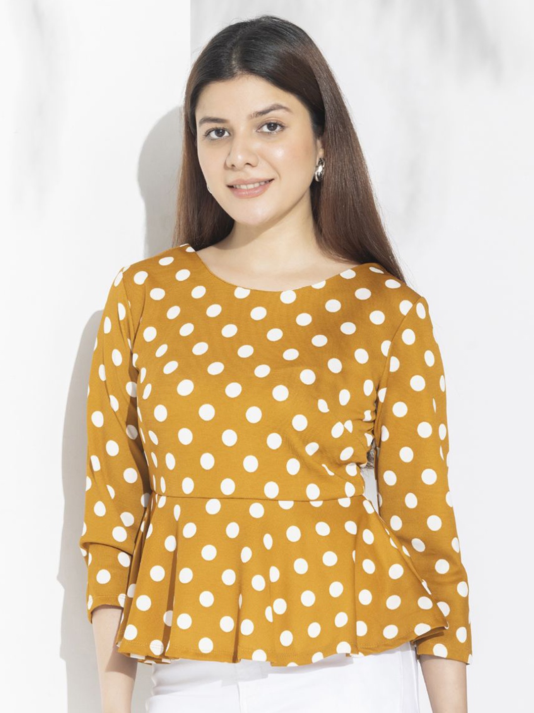 

Aumbe Polka Dot Print Bell Sleeve Crepe Peplum Top, Yellow