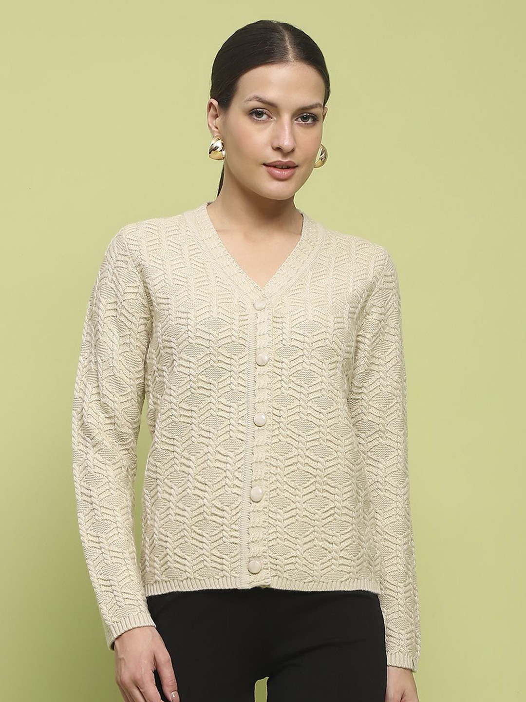 

Madame Women Cable Knit Self Design Cardigan, Beige