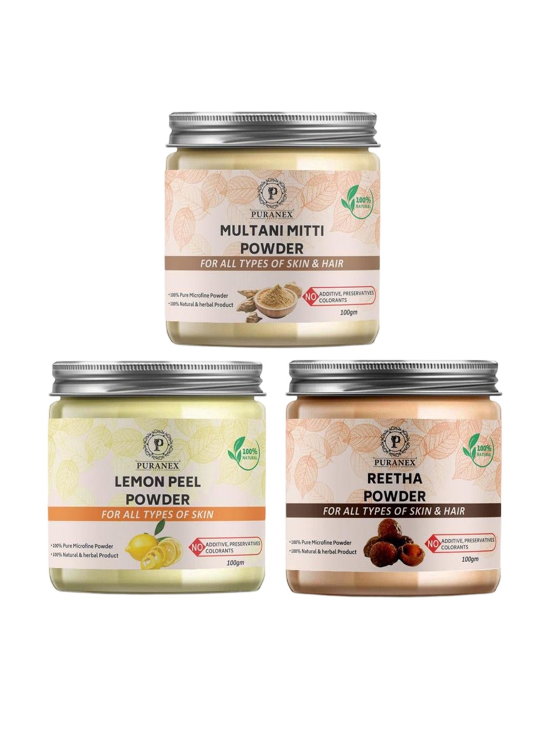 

Puranex Set Of 3 100% Natural & Pure Multani Mitti & Reetha Skin & Hair Powder - 100g Each, White