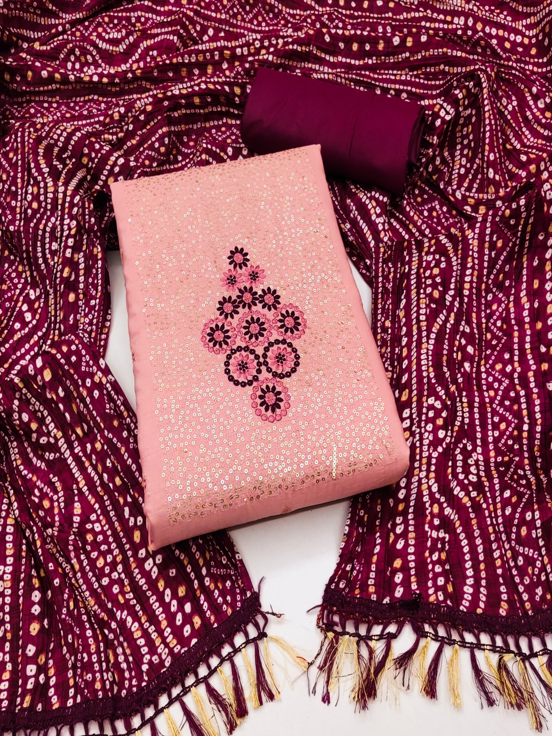 

Maroosh Floral Embroidered Sequinned Unstitched Dress Material, Pink