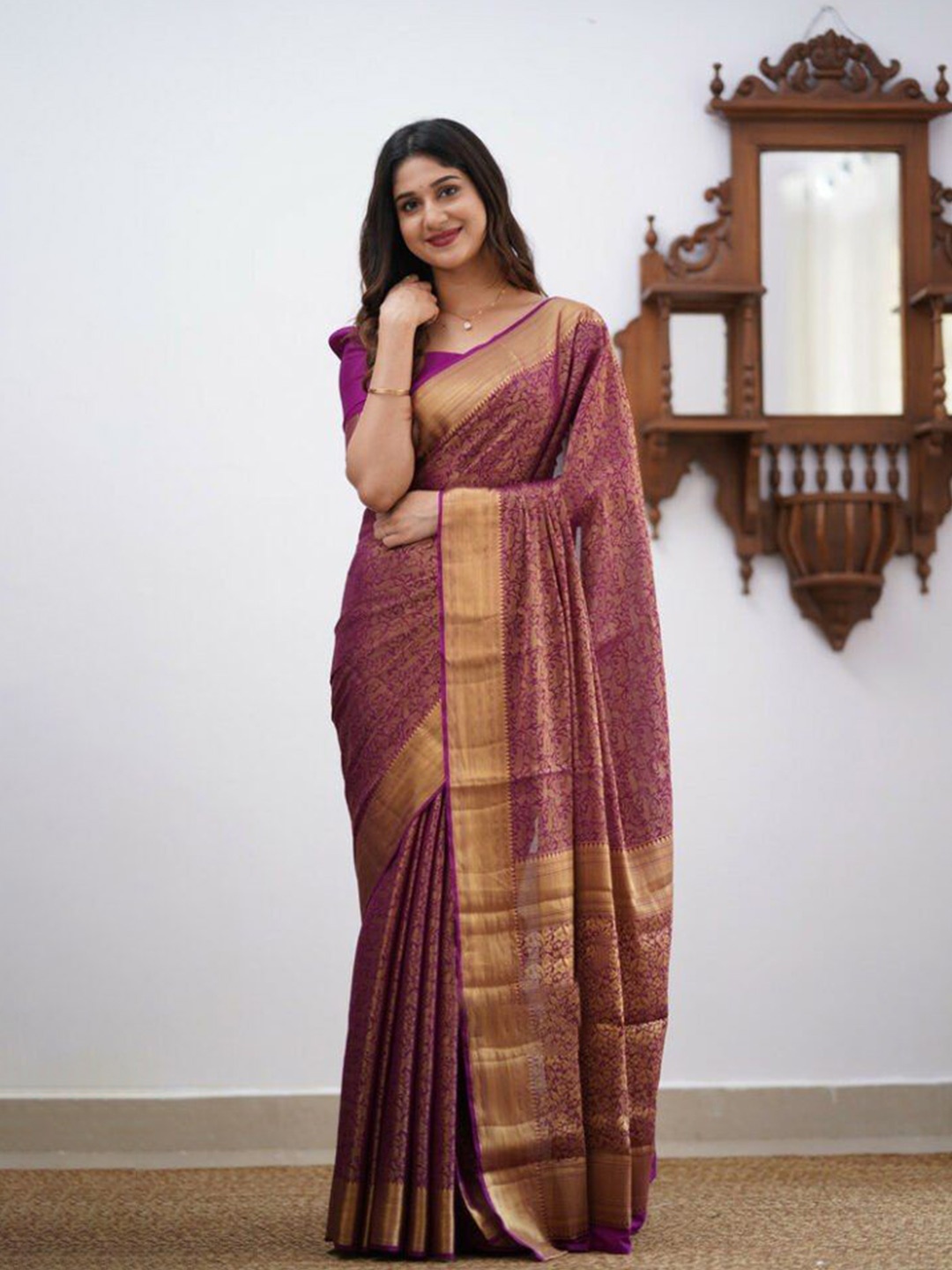 

Fashion Booms Woven Design Ethnic Motifs Zari Pure Silk Banarasi Saree, Purple