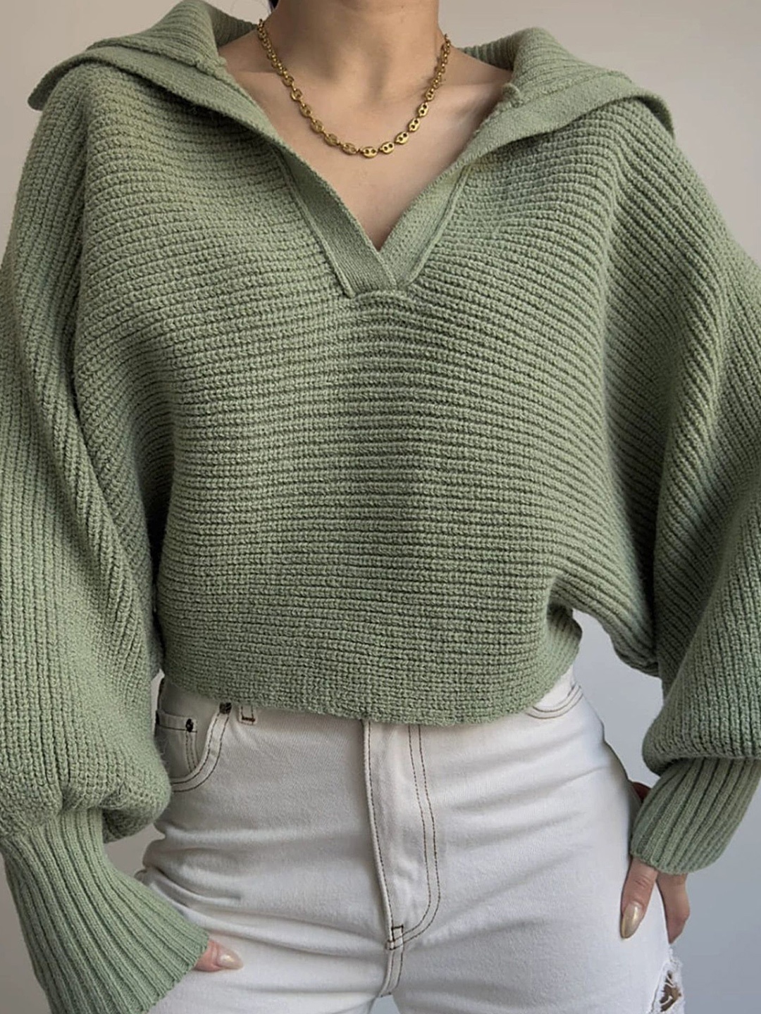 

LULU & SKY Women Shirt Collar Pullover Sweater, Green