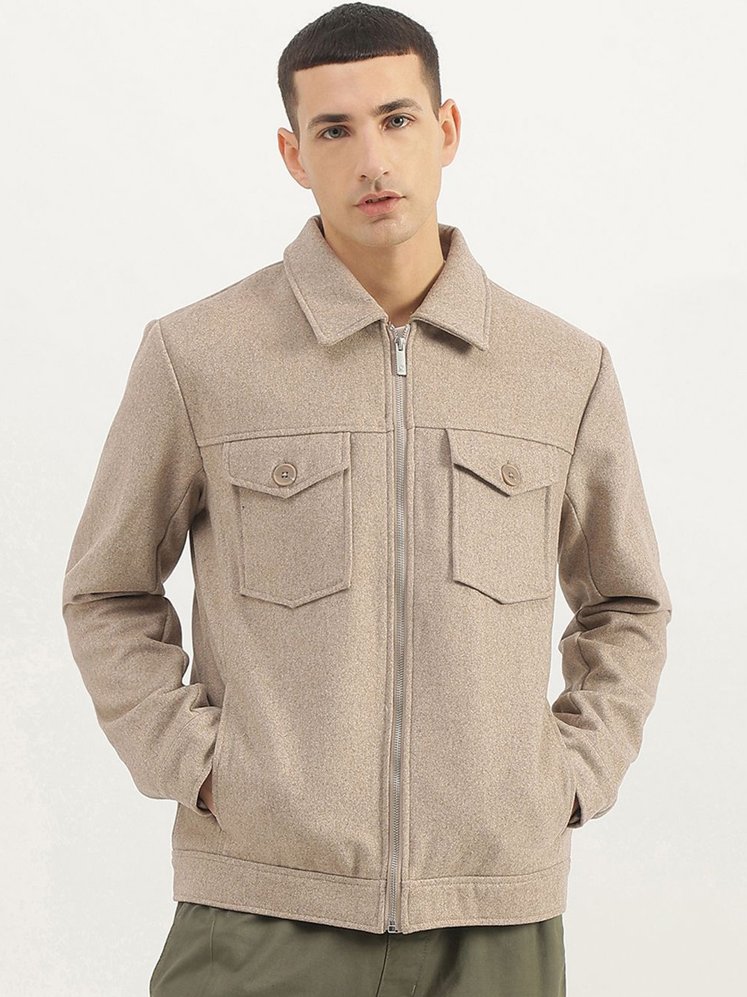 

United Colors of Benetton Men Spread Collar Solid Casual Tailored Jacket, Beige