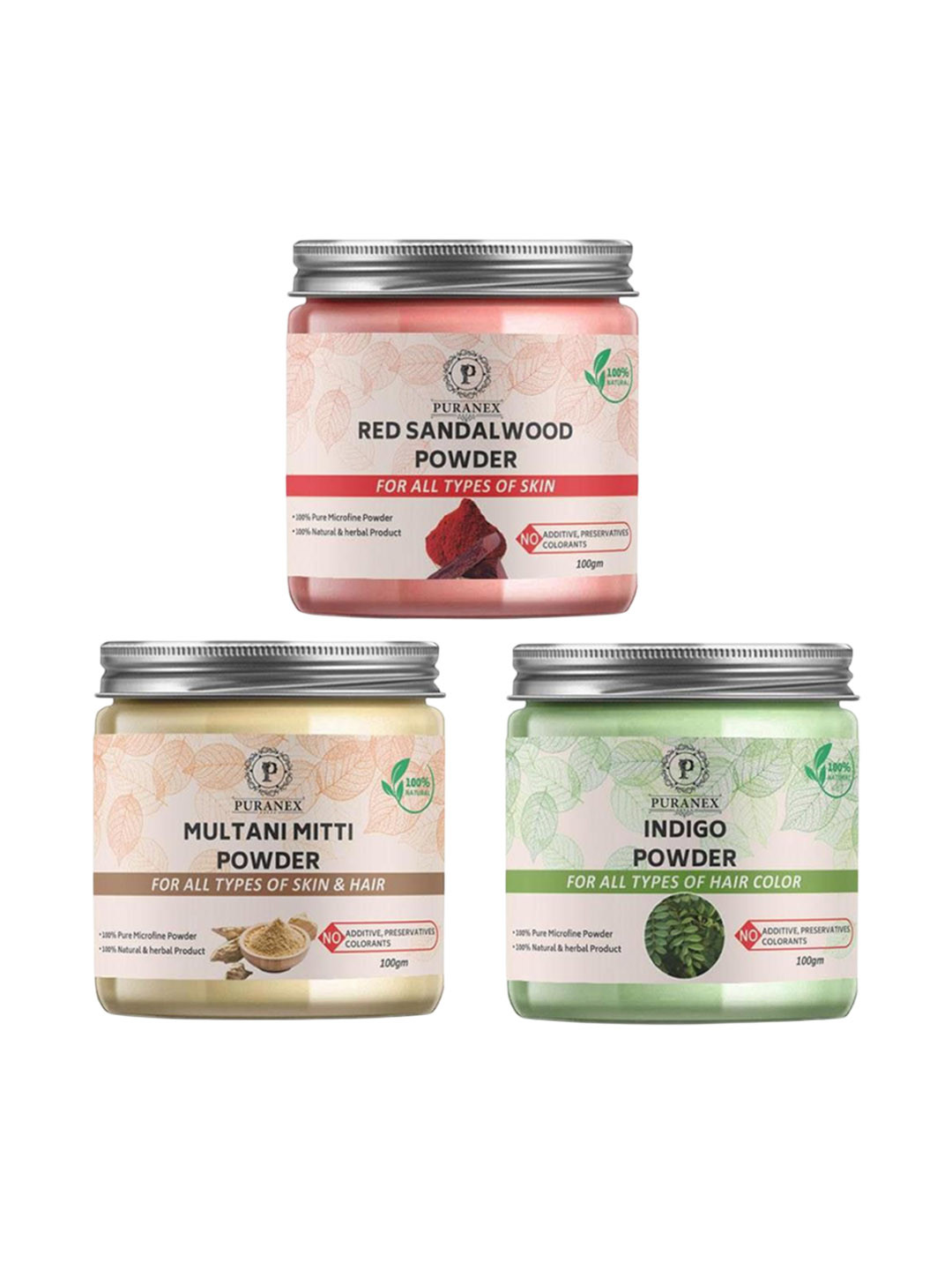 

Puranex Set Of 3 Red Sandalwood- Multani Mitti & Indigo Powder For Skin & Hair - 100g Each, Pink