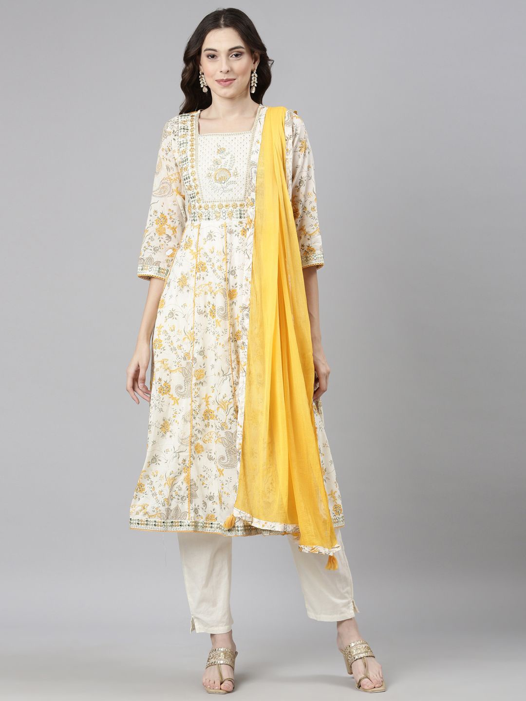 

Neerus Floral Printed Aari Work Anarkali Kurta with Trousers & Dupatta, Cream