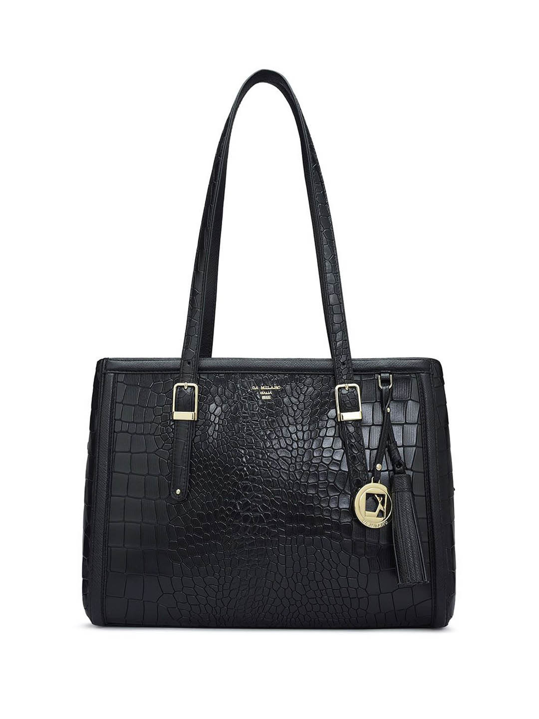 

Da Milano Women Textured Leather Structured Tote Bag, Black