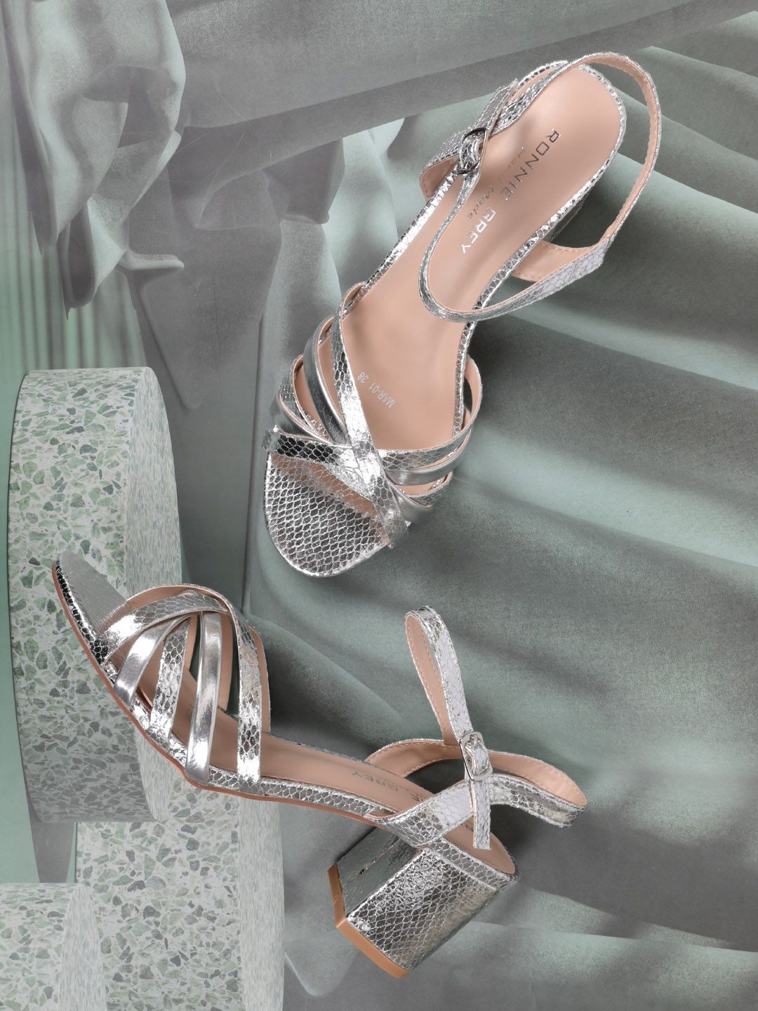 

Ronnie Grey Textured PU Party Block Sandals, Silver
