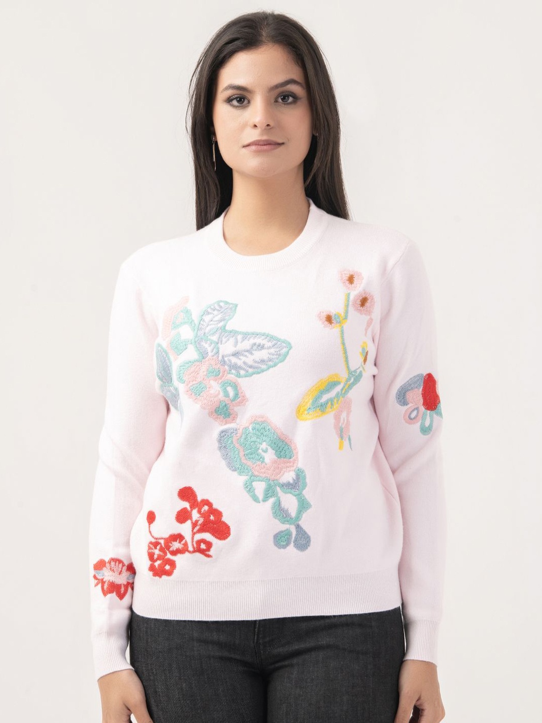 

Albion By CnM Women Floral Pullover with Embroidered Detail, Pink