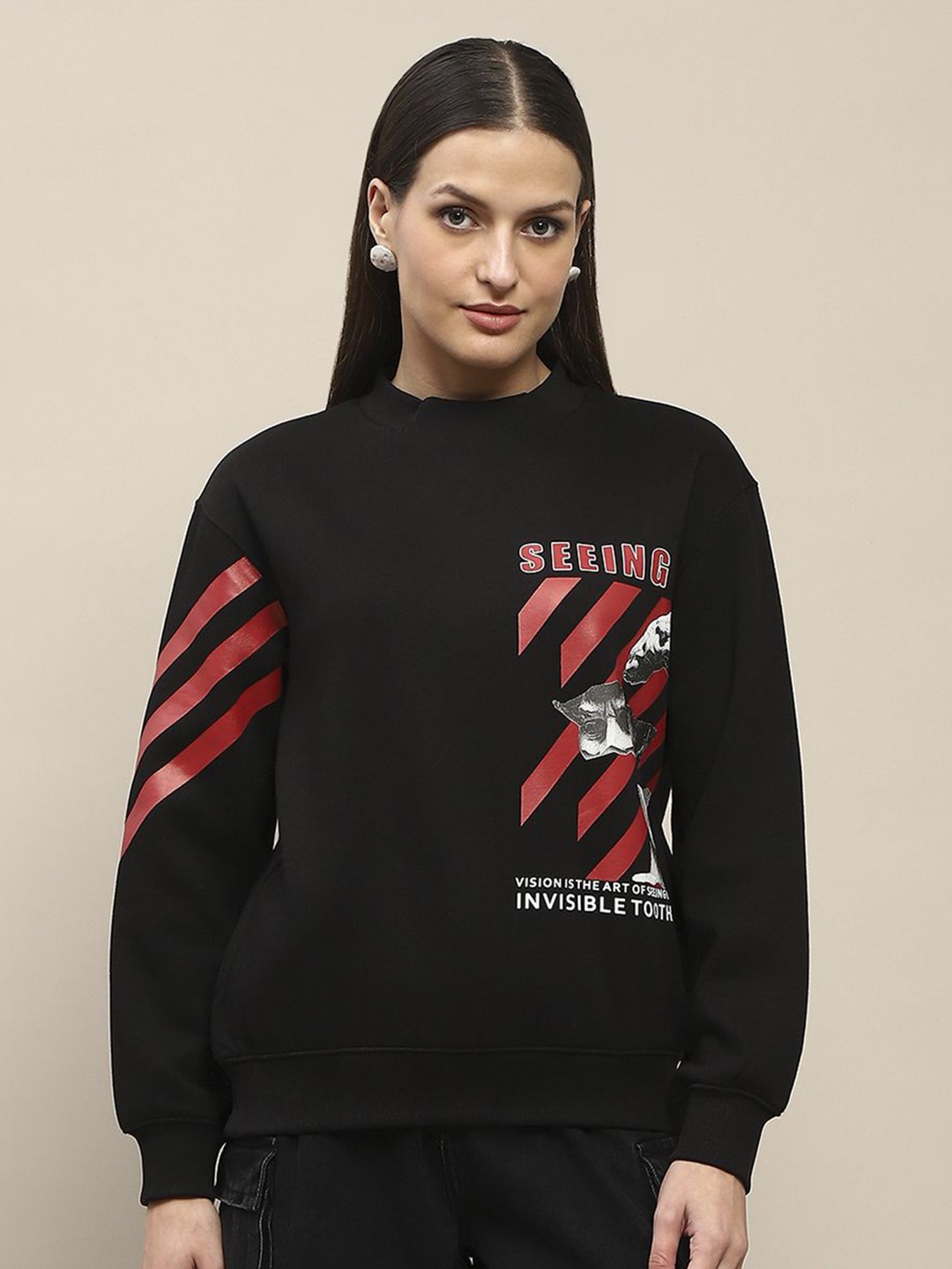 

Madame Women Printed Long Sleeves Sweatshirt, Black