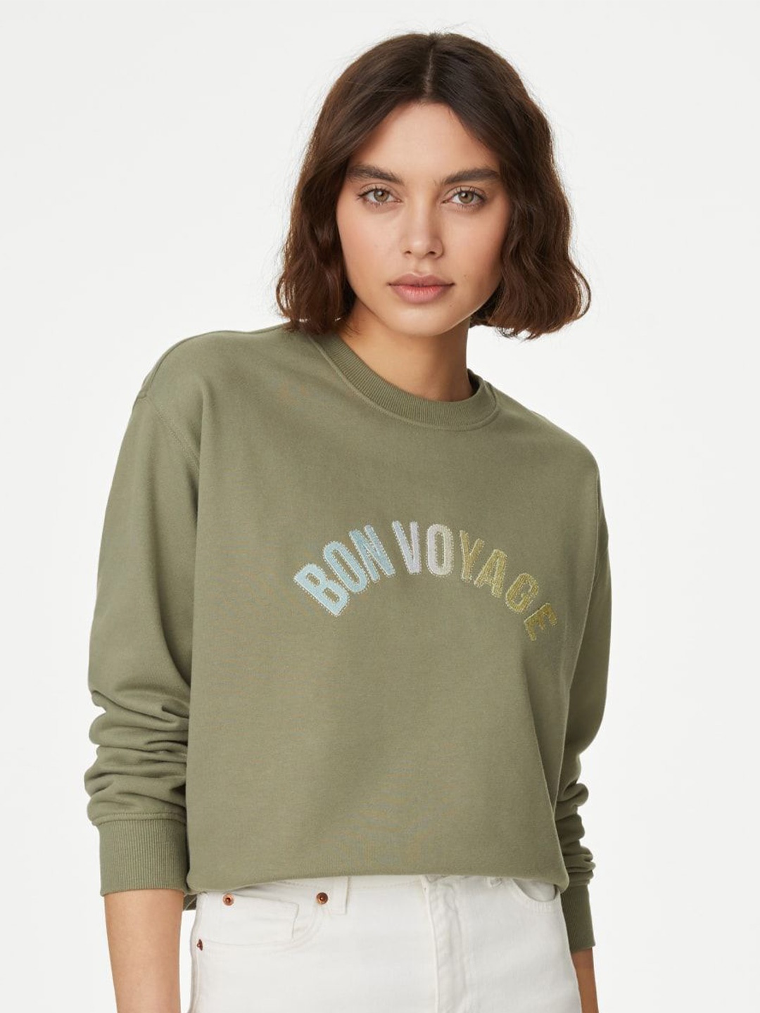 

Marks & Spencer Women Self Design Pure Cotton Sweatshirt, Khaki