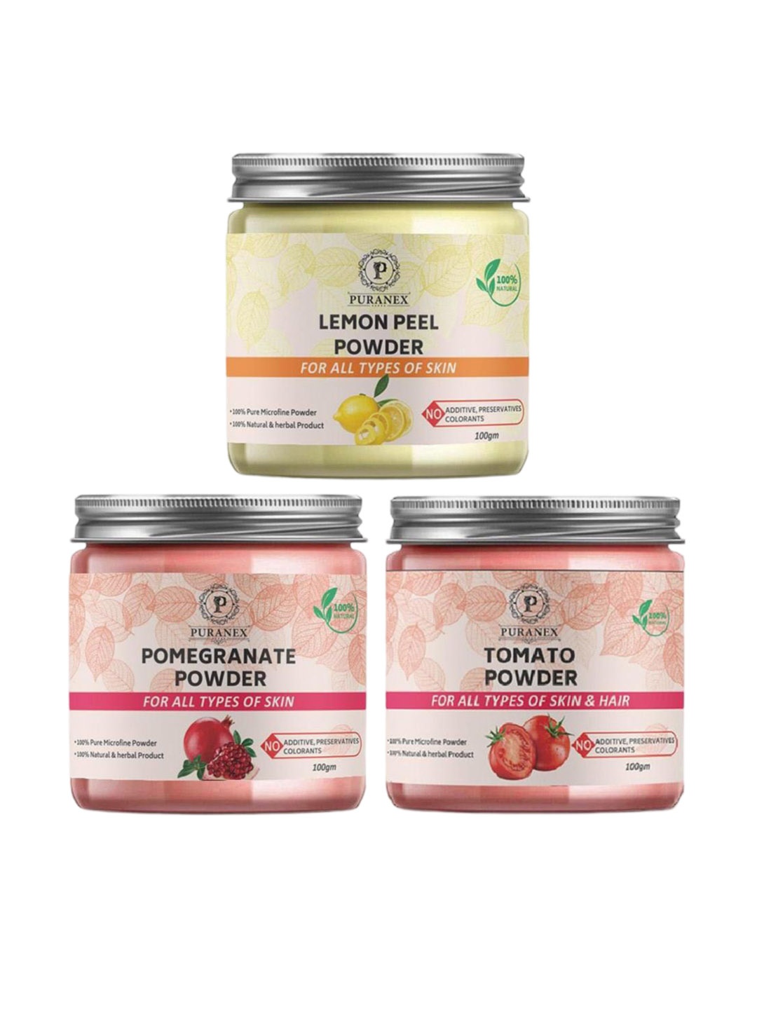 

Puranex Set Of 3 Pomegranate, Tomato & Lemon Peel Skin & Hair Powder-100 g Each, White