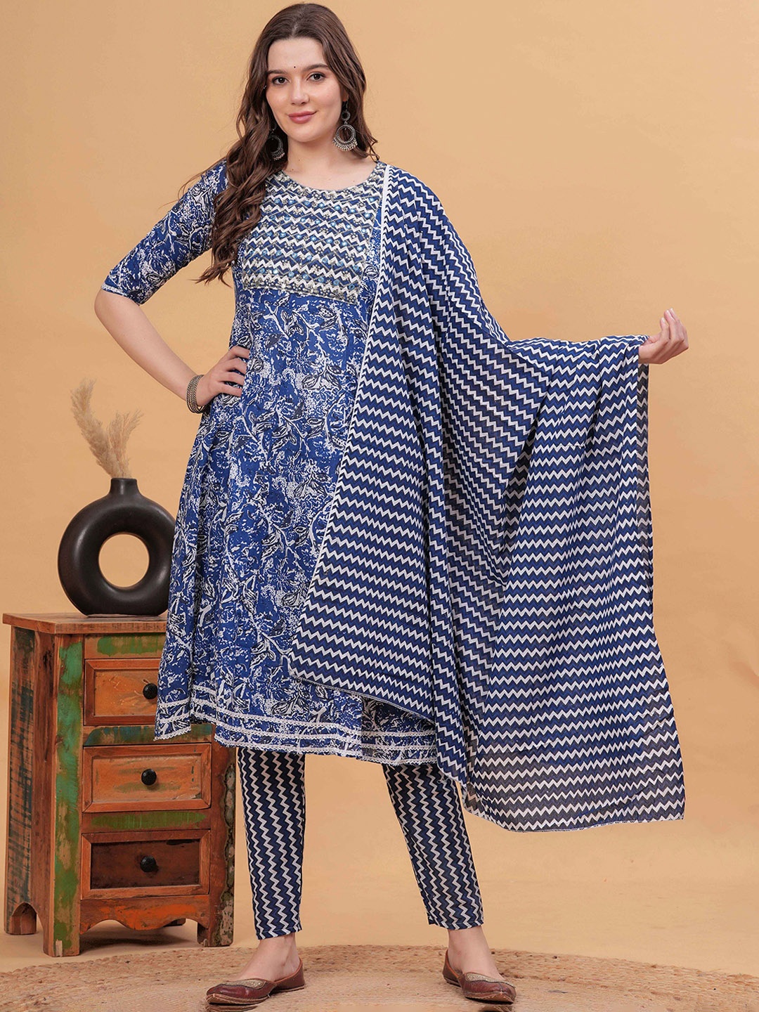 

kipek Floral Printed Mirror Work Pure Cotton Kurta With Trousers & Dupatta, Blue
