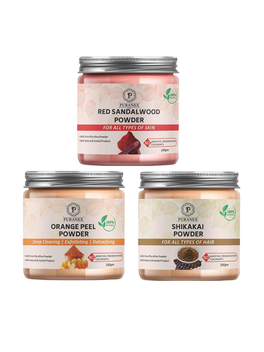

Puranex Set Of 3 Sandal Wood, Orange Peel & Shikakai Skin & Hair Powder-100 g Each, White