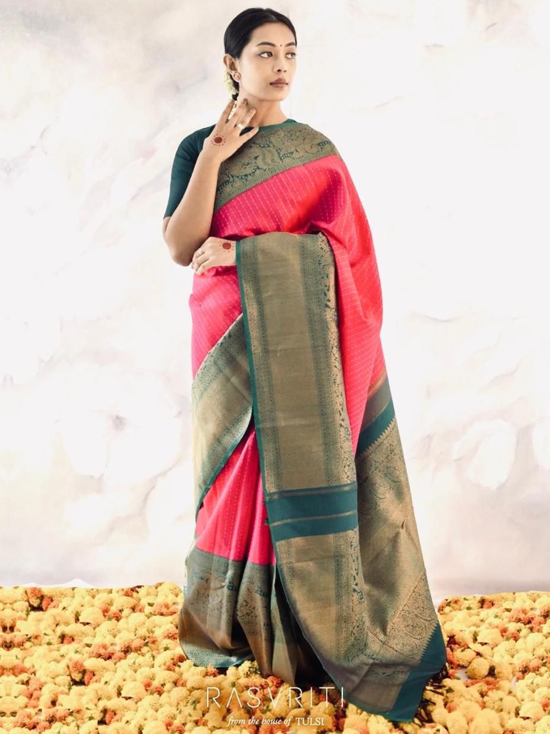 

Fashion Booms Striped Zari Pure Silk Banarasi Saree, Pink