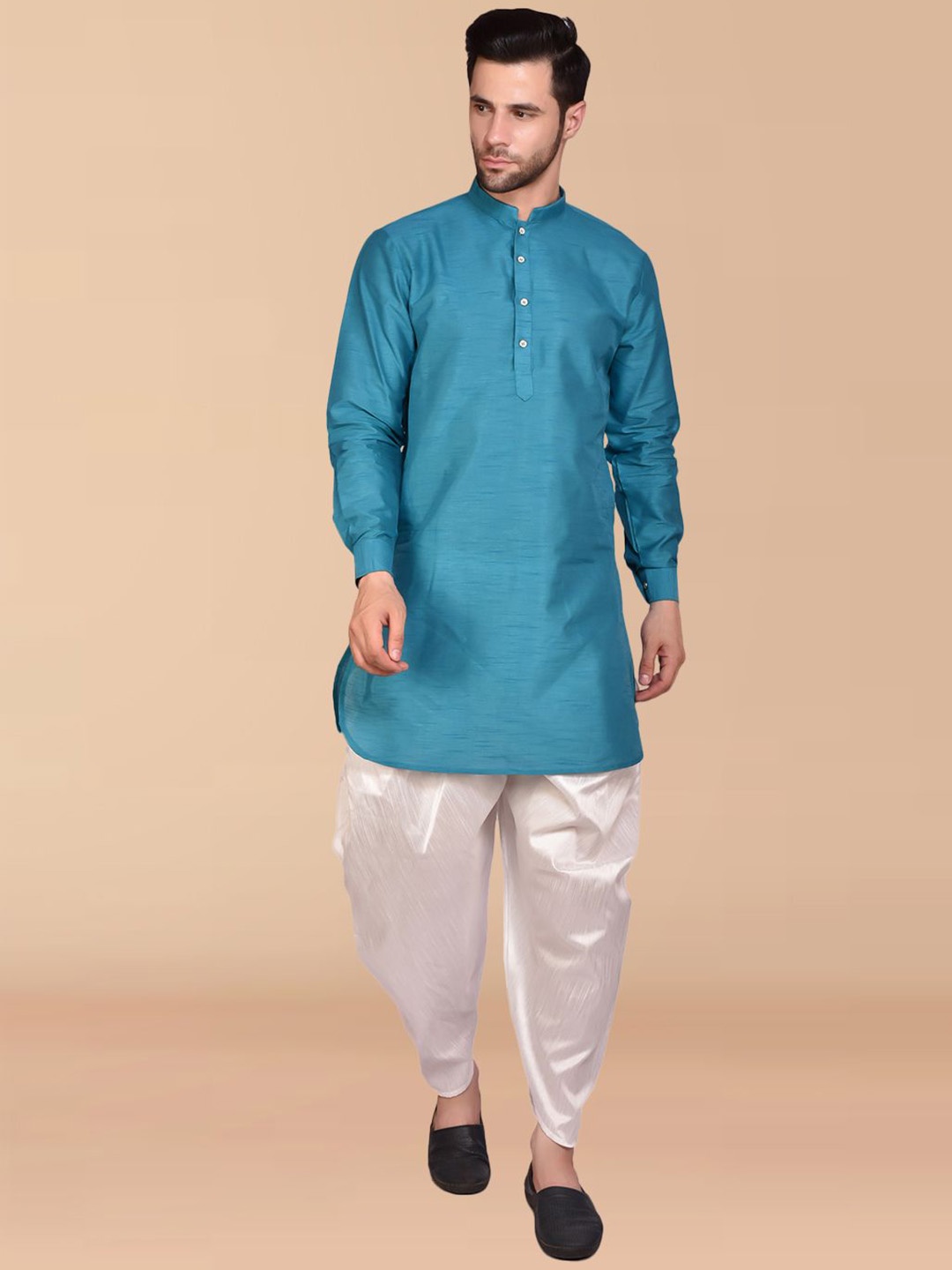 

PRINTINDIA Mandarin Collar Pure Silk Straight Kurta With Harem Pants, Blue